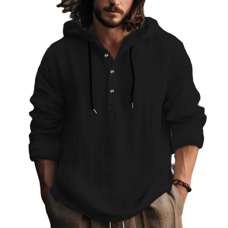 2025 new linen shirt hooded T-shirt sweatshirt, spring and autumn men's long sleeved casual daily clothing