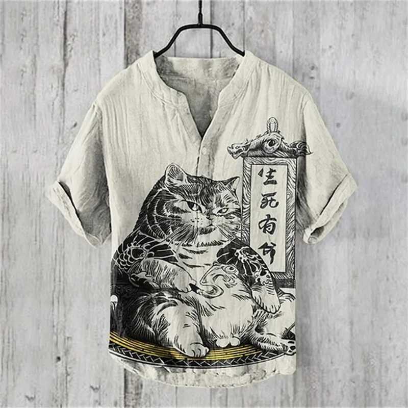 Cat 3D printed Henry mens summer fashion mens short sleeved shirt fashionable casual plus size Hawaiian mens clothing top W250414