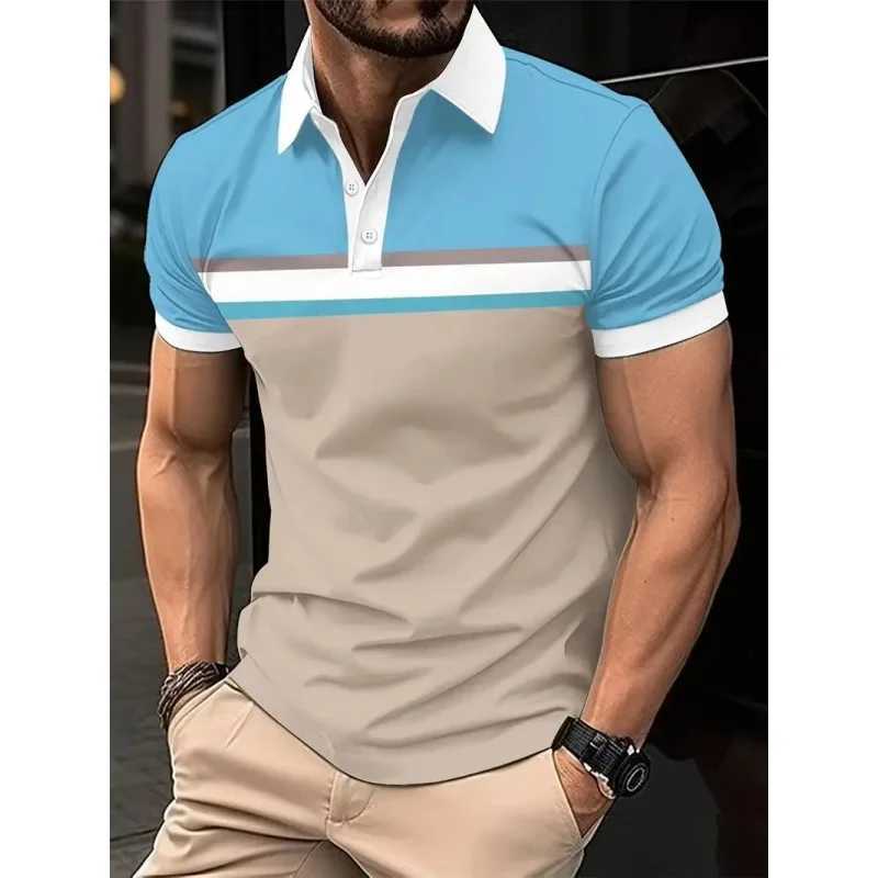 3D printed striped geometric polo shirt mens color block graphic short sleeved T-shirt casual button top loose polo shirt W250414