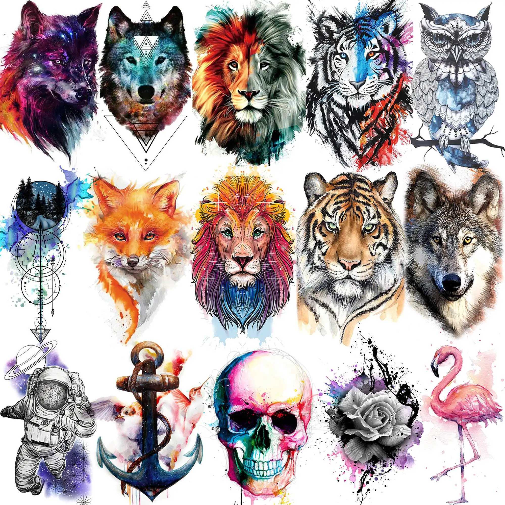 15 watercolor animal temporary tattoos suitable for women adults arms and necks 3D waterproof fake lion wolf tiger tattoo stickersXJ25414