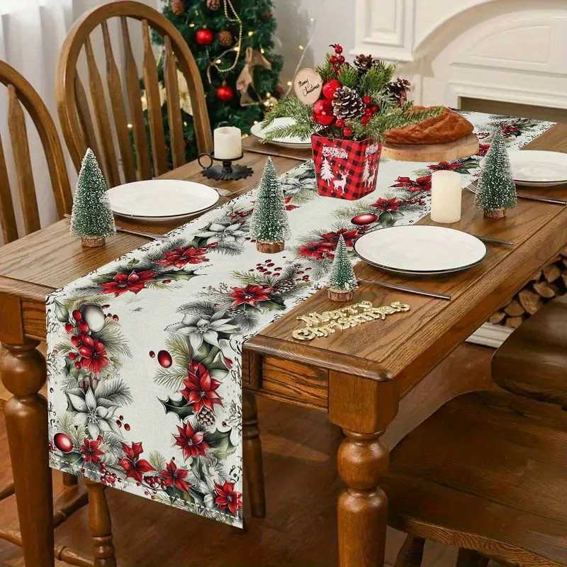 Christmas 1pc Cozy Gingerbread Christmas Table Flag with Red Poinsettia Vase for Family Gatherings and Festive Parties Y251113