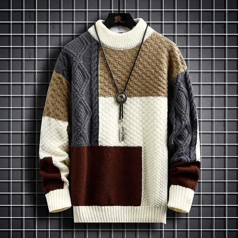 Fashion Mens Warm Knitted Sweaters Patchwork O Neck Knit Pullovers Autumn Winter Korean Streetwear Pullover Casual Mens ClothingW251114