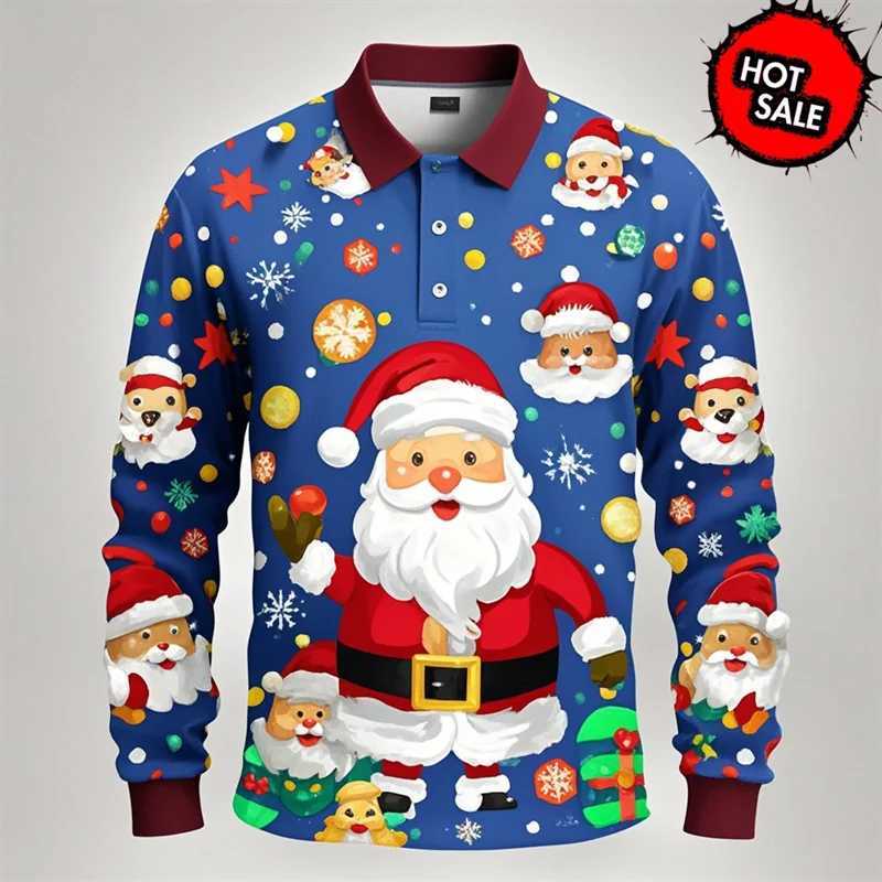 Cool 3D printed Christmas polo shirt for men Ropa Hombre casual floral long sleeved Chilon streetwear fashion button polo shirt W250414