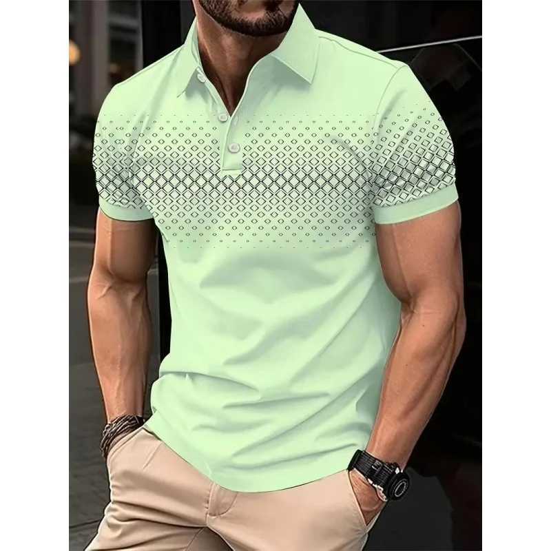 3D printed mens simple geometric polo shirt with colorful graphics short sleeved T-shirt casual button top loose polo shirt W250414