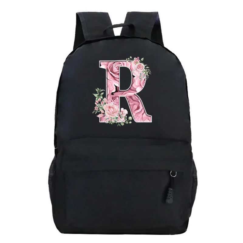 Pink Rose Alphabet Backpack Black Casual Women Aesthetics Rucksack Teenage Girl Boy Flower Letter School Bag Student MochilasW251113