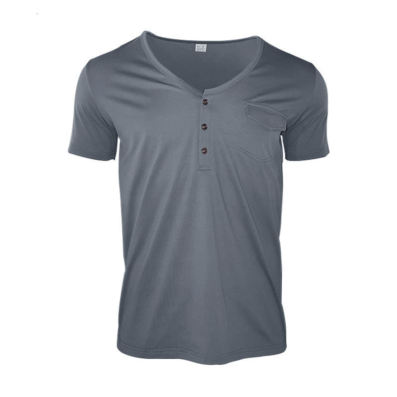 2024 mens plus size summer casual buckle slim fit short sleeved T-shirt Henry V-neck pocket top