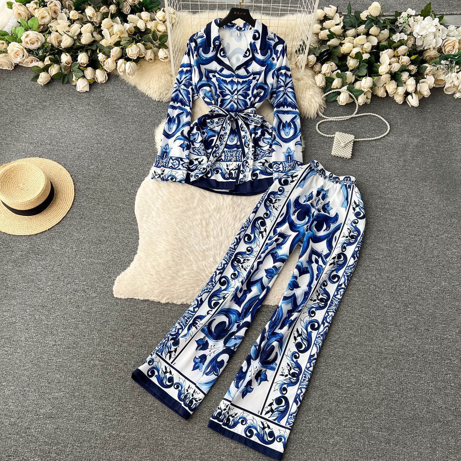 European and American retro fashionable positioning printed strap waist cinched lapel long sleeved top women's high waist wide leg straight leg p
