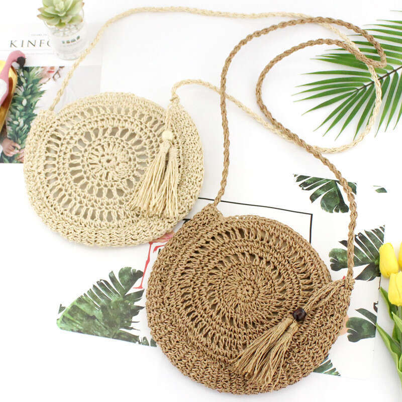 Handmade Beach Bag Handmade Paper Rope Round Tassel Crossbody Handmade Hook Flower Woven Women's Beach Bag, Thailand Kq2