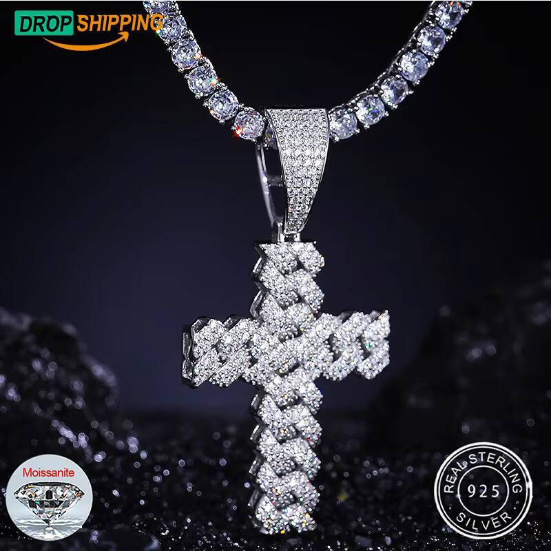 Dropshipping Punk Style Hip Hop Jewelry 925 Sterling Silver Lab VVS Moissanite Iced Out Cuban Cross Pendant Necklace for Gift