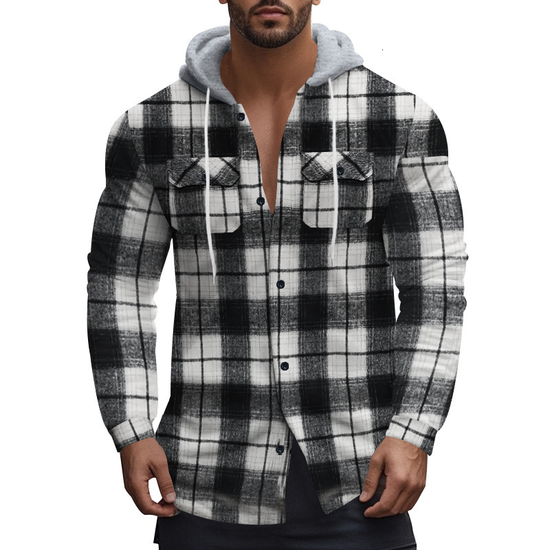 American plaid men's autumn and winter hooded flannel jacquard shirt casual jacket men