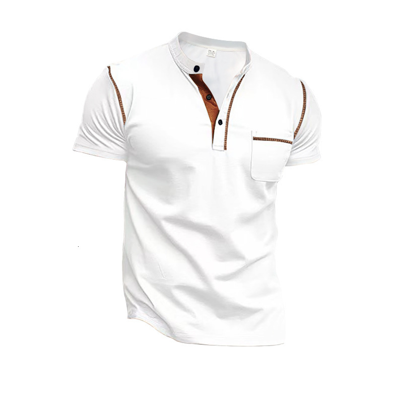 Summer new mens Henry shirt short sleeved striped patchwork casual sports mens short sleeved shirt