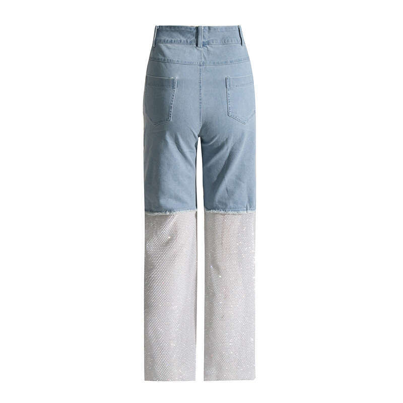 Designer Elegant Niche Fashion Women's Denim - High-Rise Straight Fit with Unique Mesh and Diamond Accents