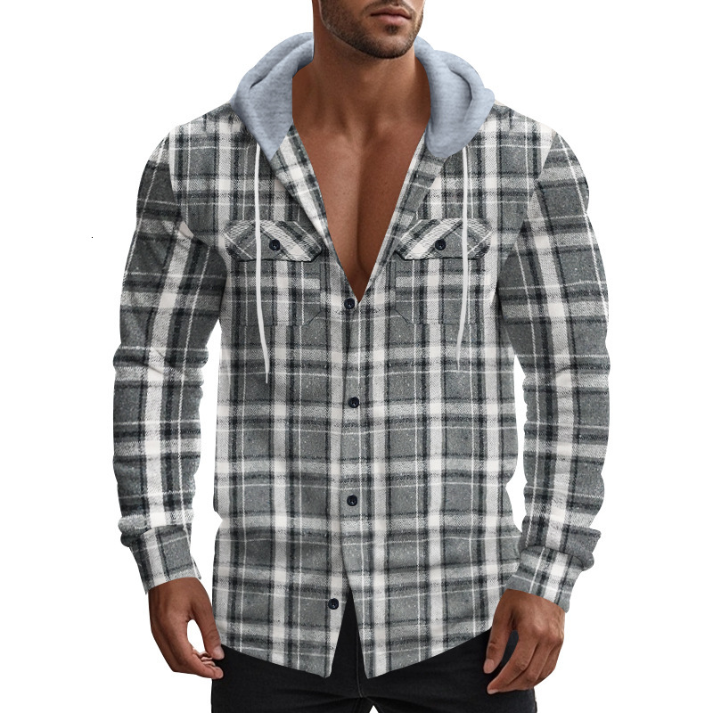American plaid men's autumn and winter hooded flannel jacquard shirt casual jacket men