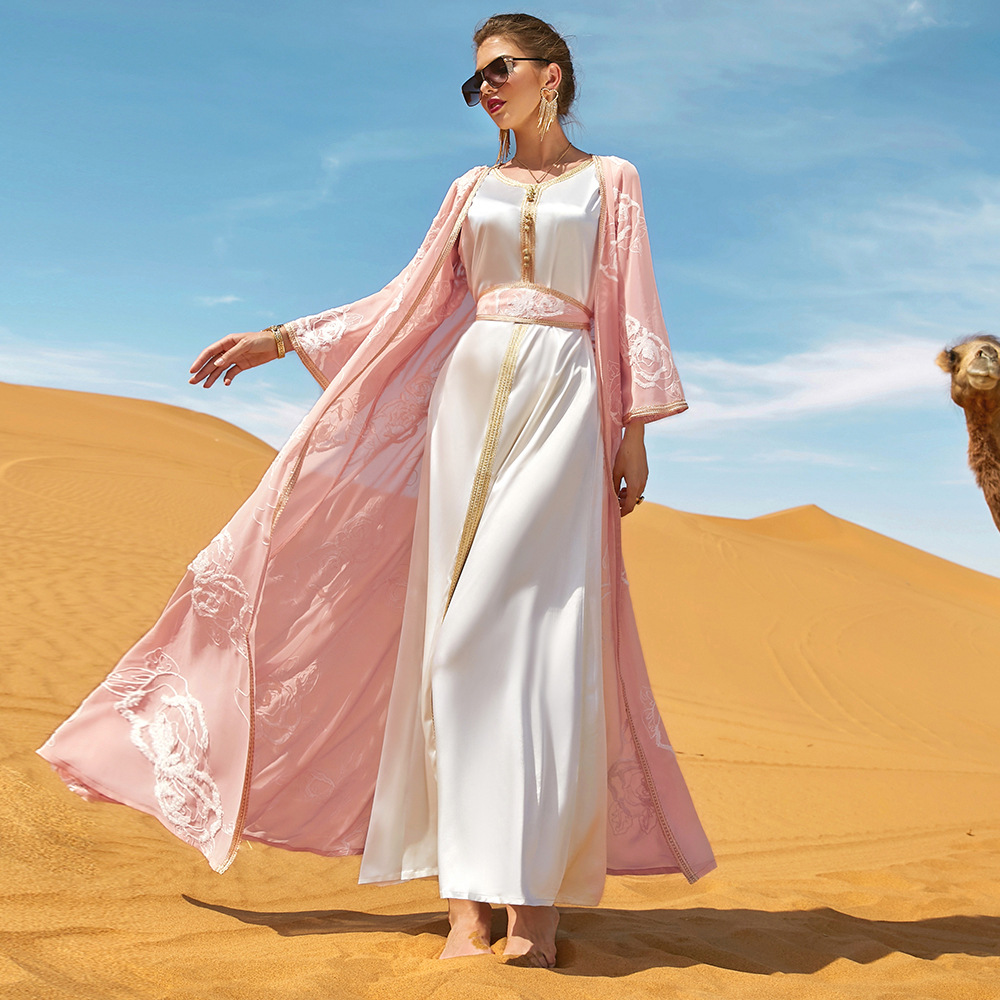 Ethnic Clothing Desert Rose Embroidery Two-piece Dress Arabian Robe Set Middle Eastern Women's Clothing