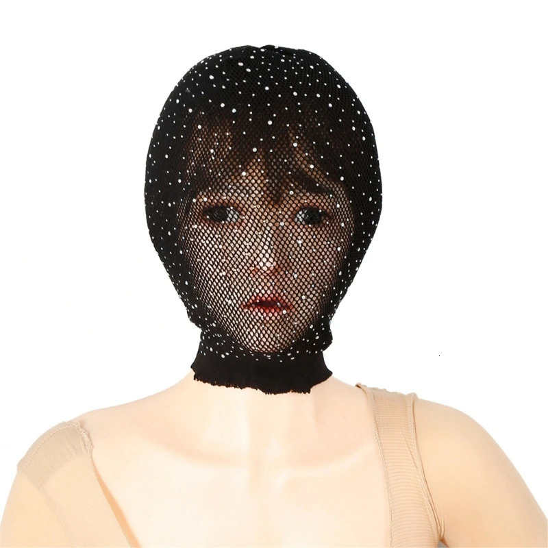 Black Stocking Head Cover with Rhinestones Tie Balaclava Face Mask Couple Play Black Head Wrap Full Hood Costume 250410