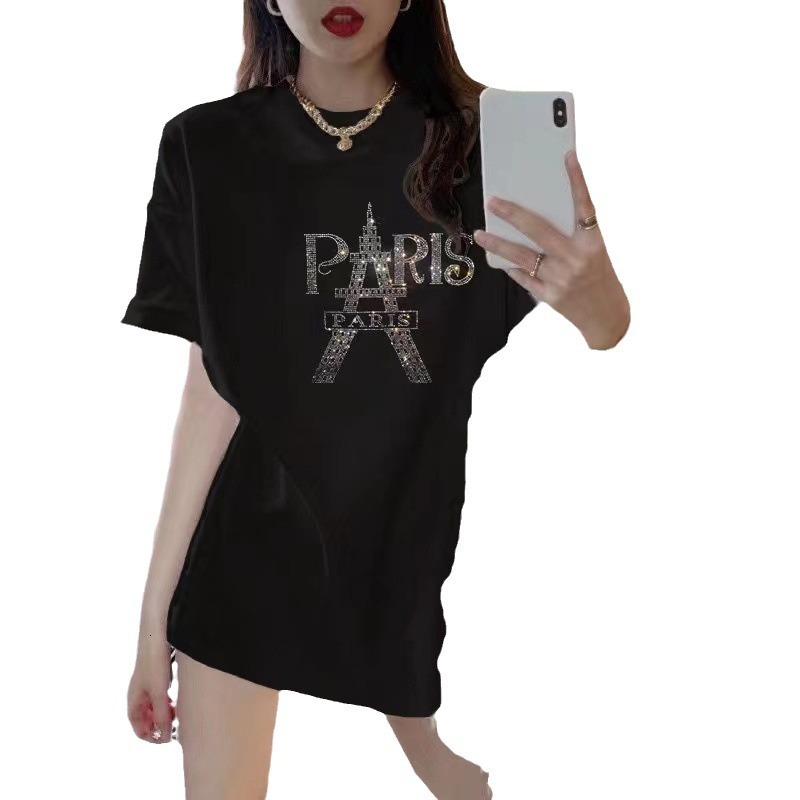 2025 Women's Designer T-shirt, Heavy Industry Hot Rolled Diamond Paris Tower Combed Cotton Short Sleeve T-shirt, White Women's Large Slim Fi