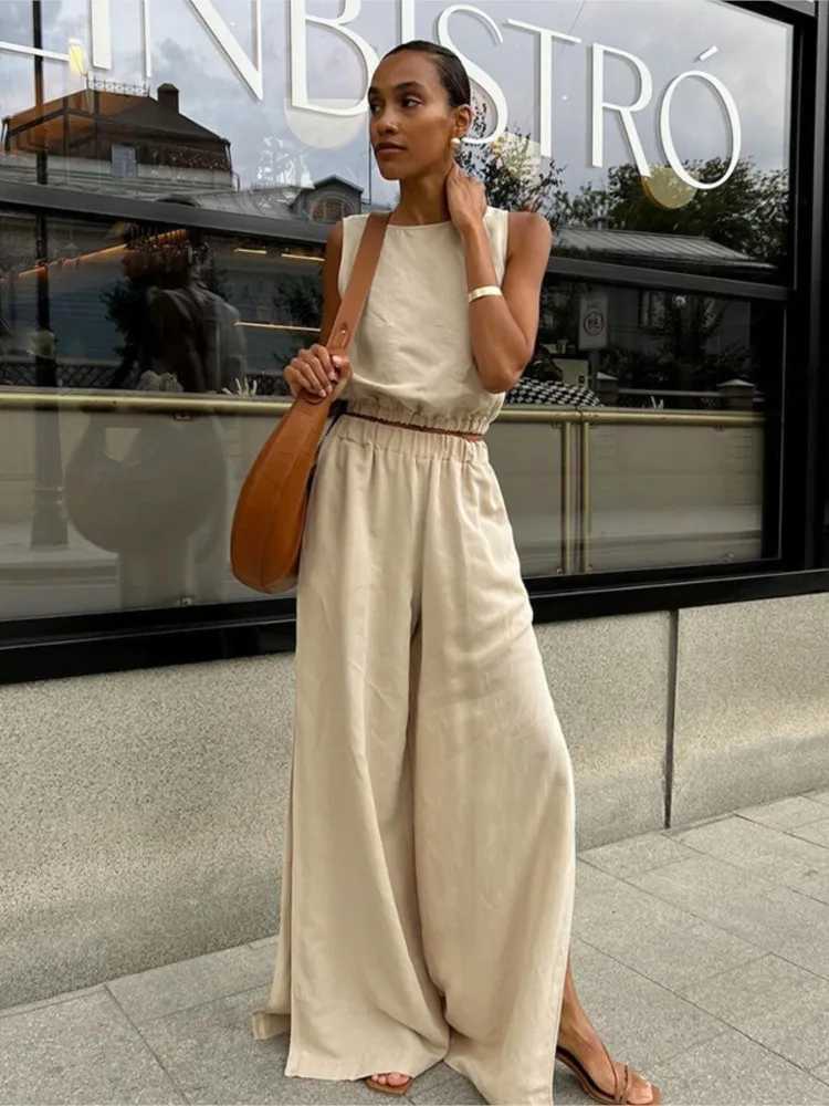 Fashion Trend Solid Color Pants Set Womens Sleeveless Cut Top Wide Leg Trouser Two Piece Set Fe Street Clothing SummerXJ250414
