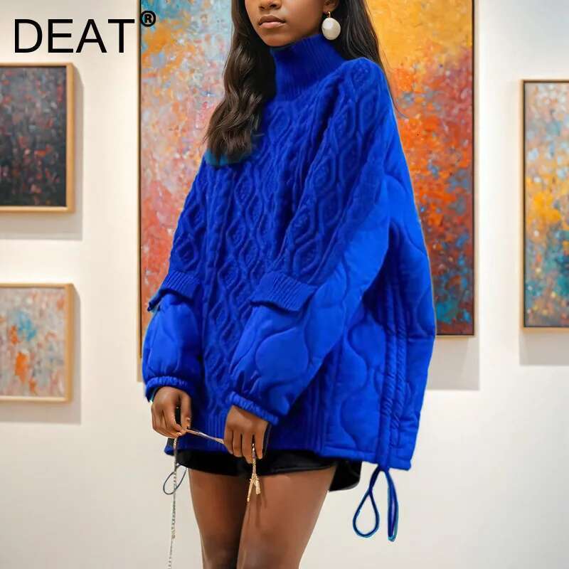 DEAT Fashion Women's Turtleneck Knitted Sweater 2024 Winter New Items Loose Casual Drawstring Thick Pullovers Female 33A2134