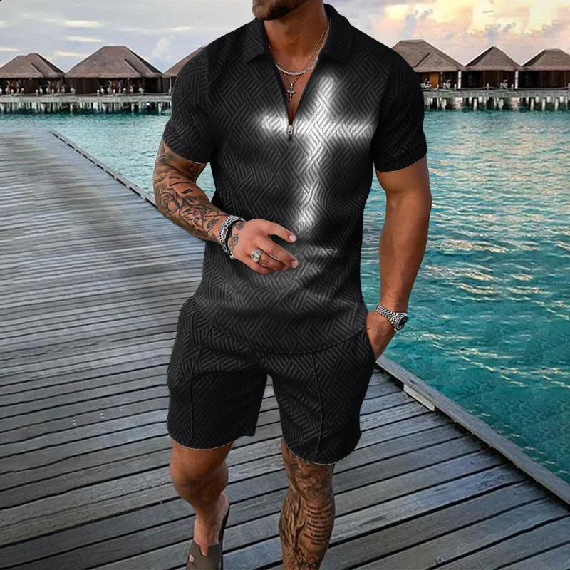 Vintage Mens Suit Fashion Zipper Polo Shirt Shorts Pants Two Piece Set 3D Print Oversize Men Clothing Tracksuit Set Clothing 250409