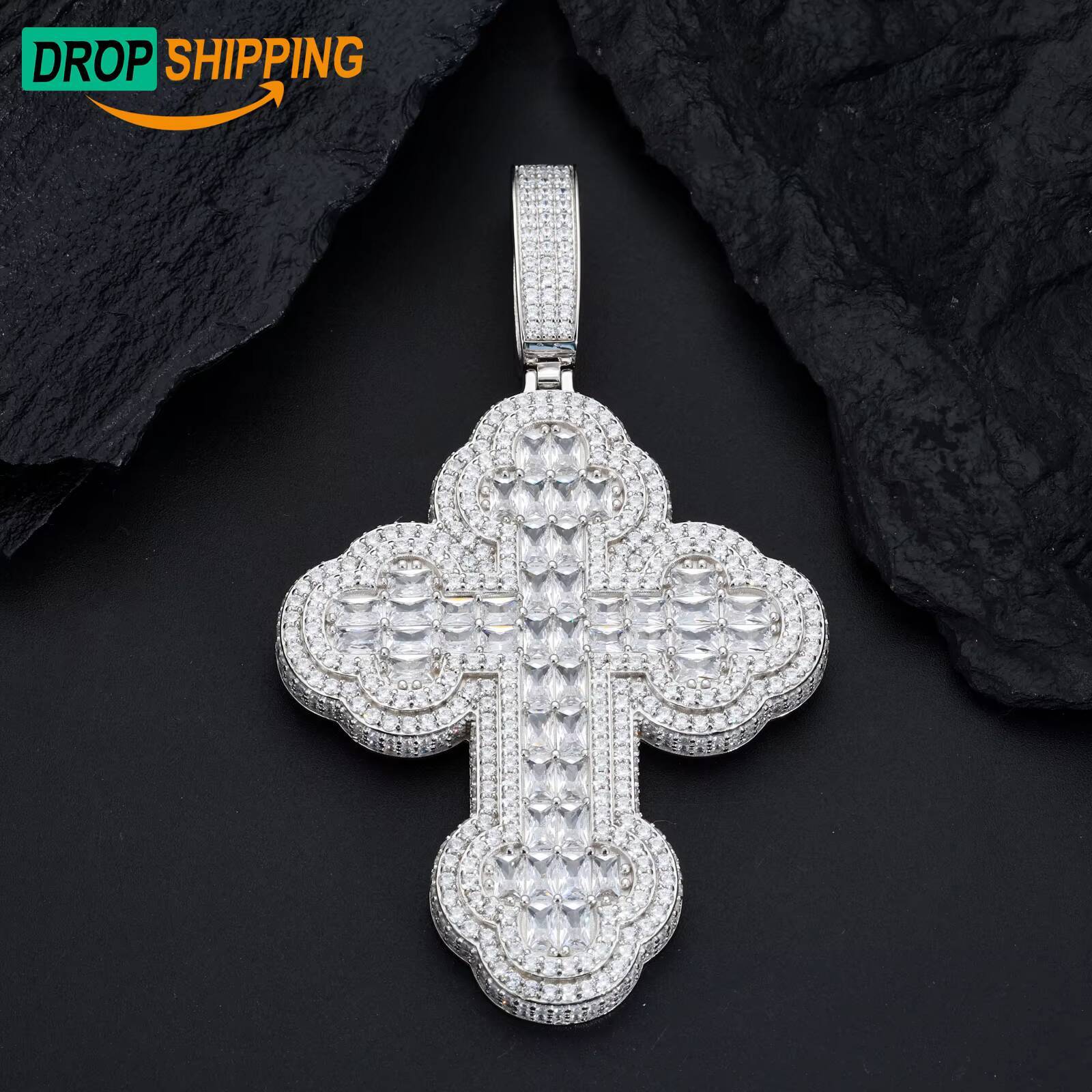 Drop Shipping Hip Hop Men Gift Jewelry 925 Sterling Silver Baguette Moissanite Diamond Religions Iris Cross Pendant