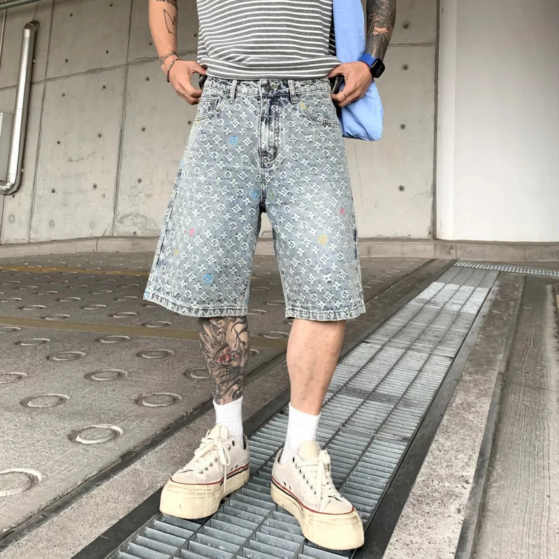 14003 Summer American Ted Jacquard Loose Casual Fashion Straight Blue Washed Cowboy Shorts 250414