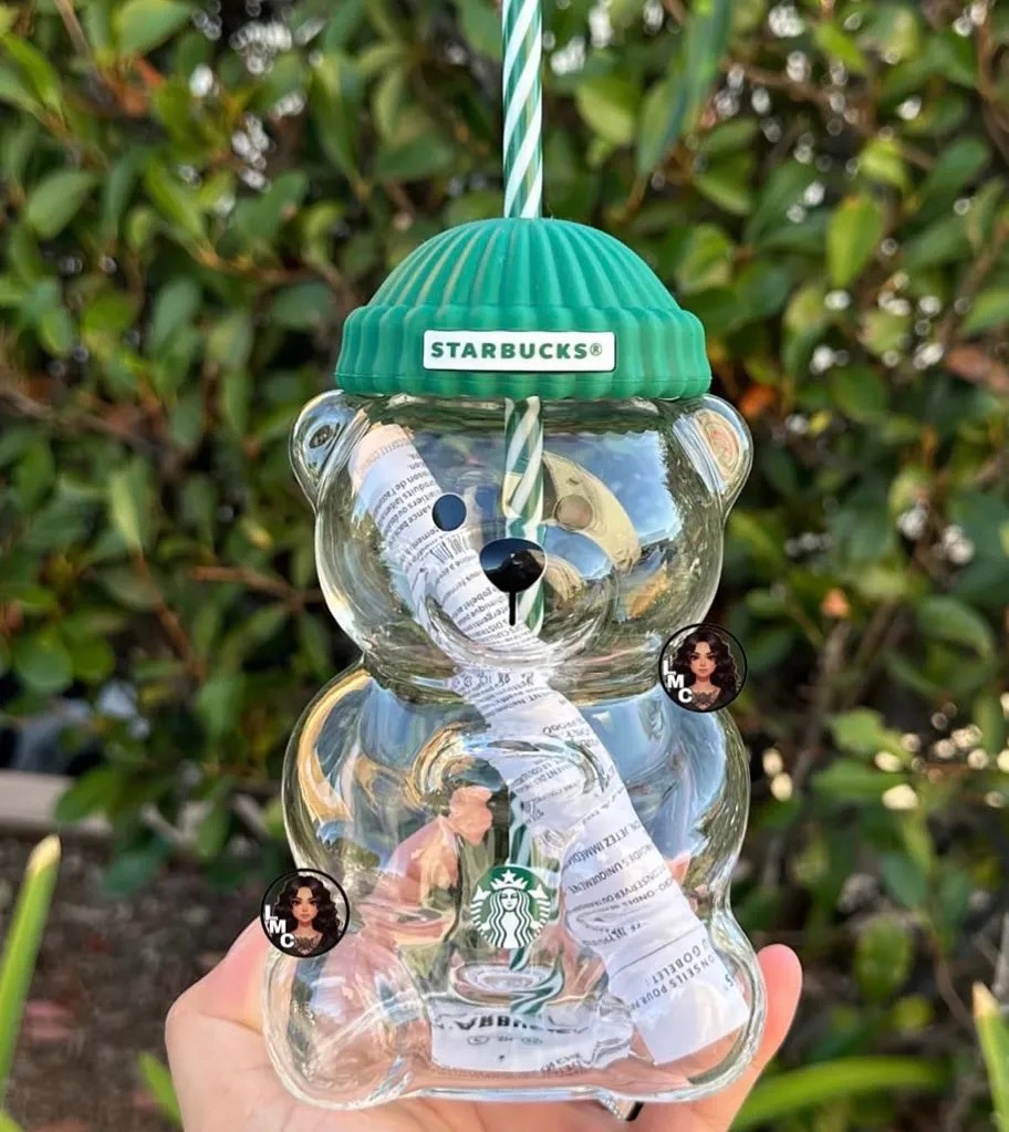 Star bucks Glass Bearista Bear Cup With Straw Cute Transparent Tumbler With Hat For Iced Coffee Cold Drink Gift