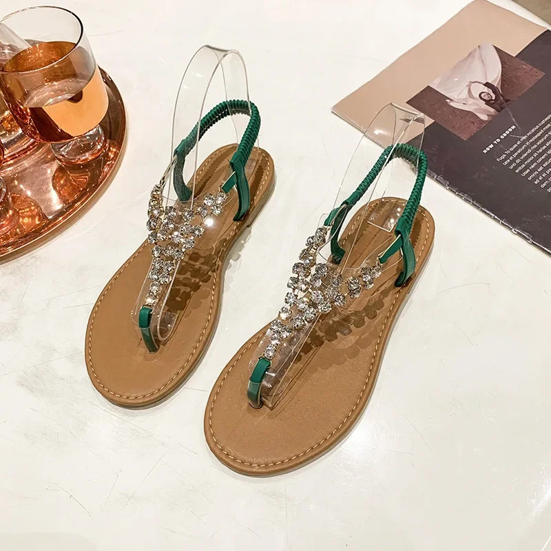 Summer Womens Sandals Fashion Outer Beach Shoes Womens Pearl Diamond Strap Flat Sandals Size 42 250411