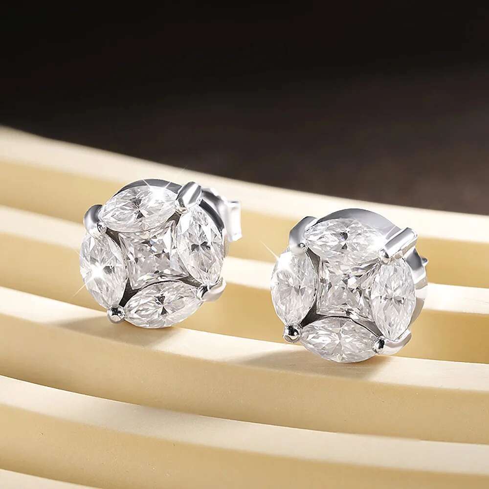 10mm Cluster Star Moissanite Stud Earrings with Certificates 925 Sterling Silver Princess/Marquise Cut Diamond Earring for Women