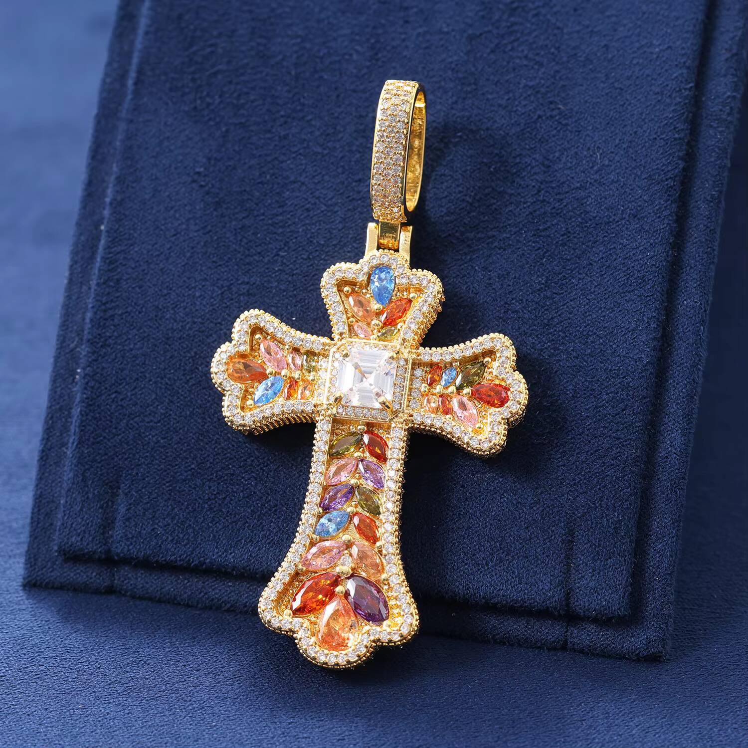 Hot Selling Colorful Cross Pendant with a Large Diamond Baguette CZ Waterproof Pendant Necklace for Gift