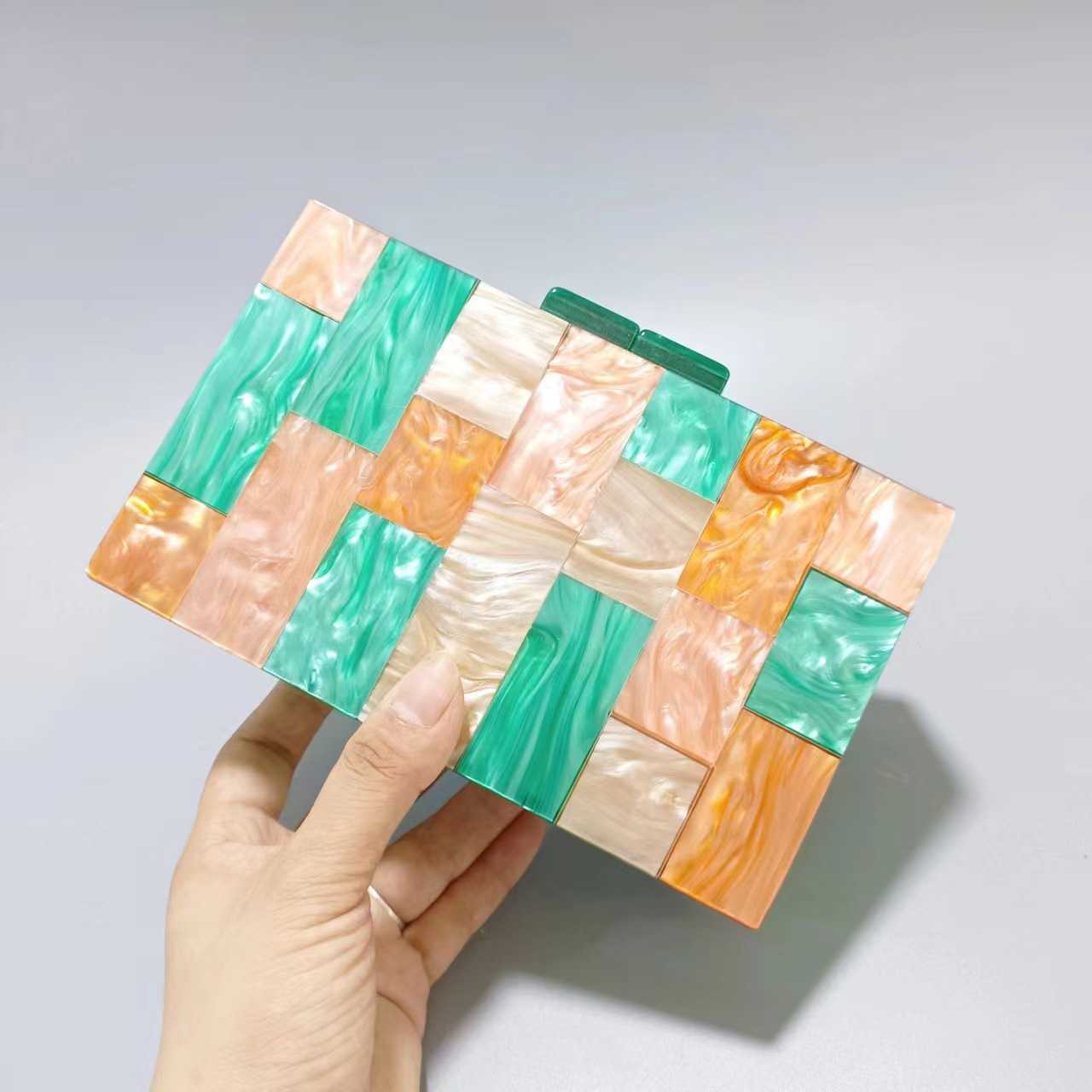 Womens New Contrast Colored Spliced Acrylic Dinner Bag Single Shoulder Oblique Cross Wedding Banquet Handbag