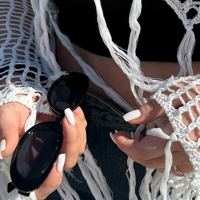 Spring and Summer Women's Diamond Check Hollow Fringe Casual Crew Neck Sleeve Loose Sweater Top Summer Outfits For Women Vacation Outfits Women--