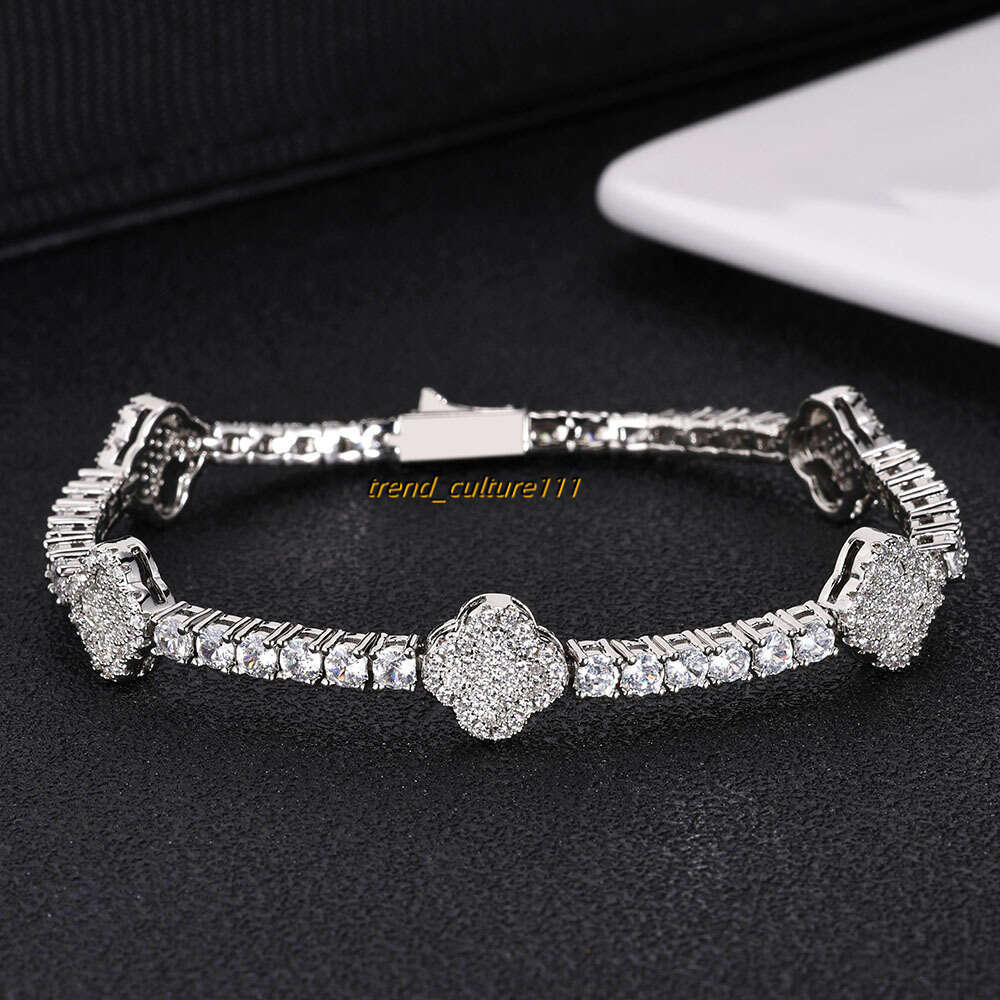 Hip hop spring buckle Moissanite tennis chain clover men's bracelet high-end accessories