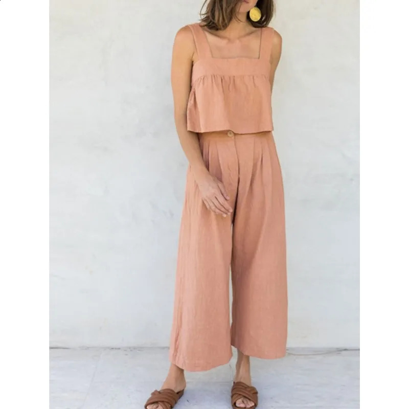 New Womens Solid Color Cotton Linen Summer 2 Piece Sets Sleeveless Tank Top Wide Leg Pants Two Piece Suit Casual Female Outfits 250414