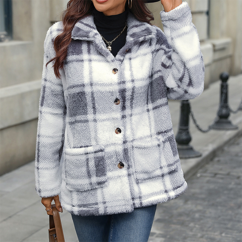 Temperament plaid woolen coat autumn and winter loose long sleeved thick cardigan top