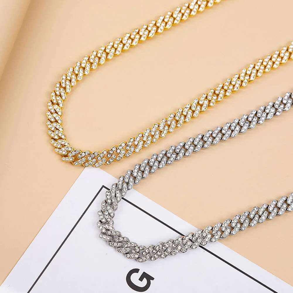 Hip Hop Men Women 9MM Prong Cuban Link Chain Necklace Bling Iced Out 2 Row Rhinestone Paved Miami Rhombus Cuban Necklace Jewelry
