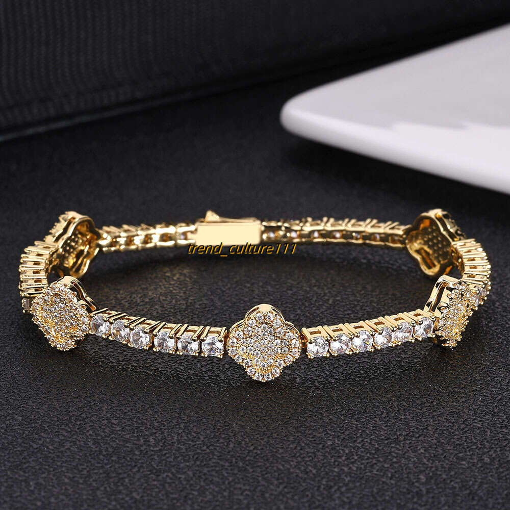 Hip hop spring buckle Moissanite tennis chain clover men's bracelet high-end accessories