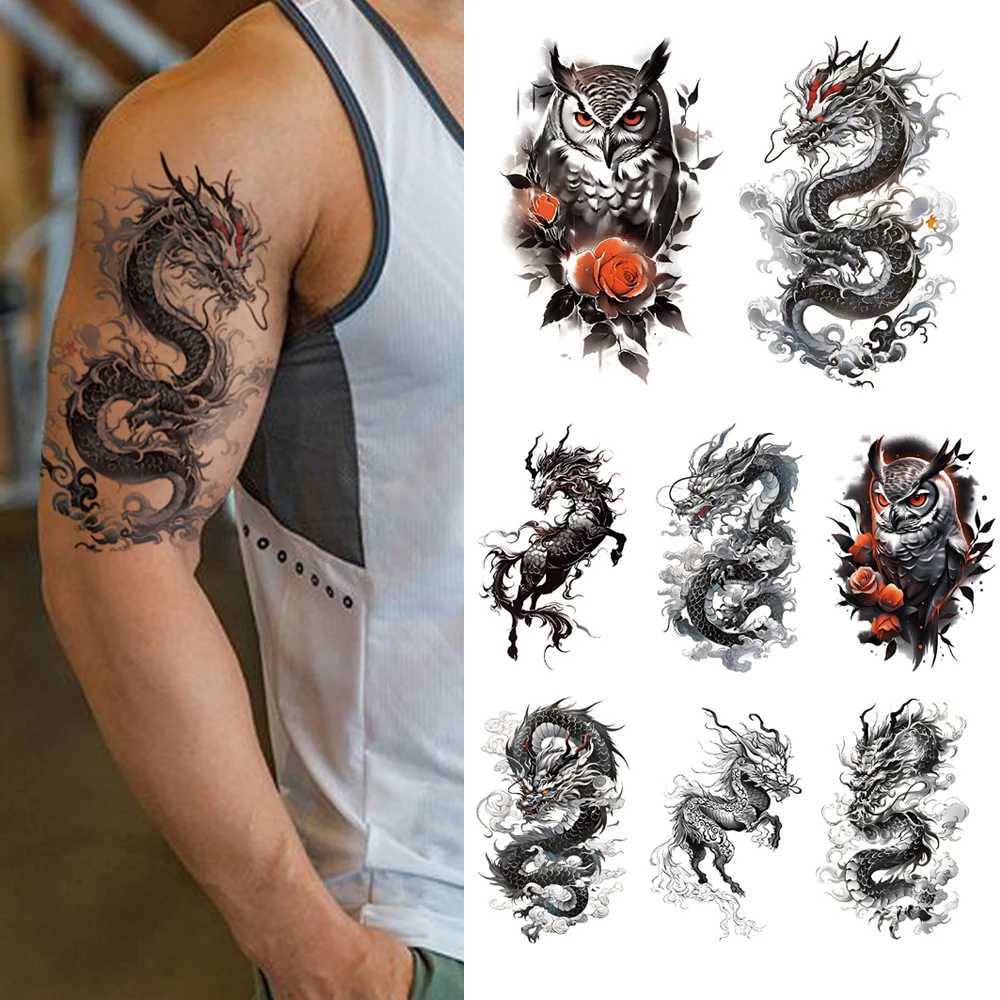 8 Waterproof Temporary Tattoo Stickers Flying Dragon Owl Rose Dark Animal Body Art Arm Fake Tattoo Sleeve WomenXJ25414