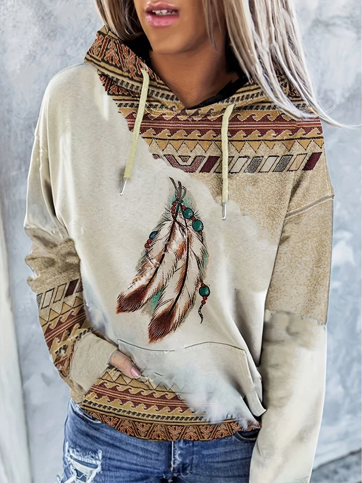 Womens casual and fashionable round neck pull up sweatshirt Western retro printed hooded 250414Z