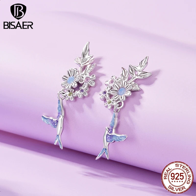 BISAER 925 sterling silver flower and bird earrings bird enamel earrings plated with platinum exquisite jewelry for womens parties 250409