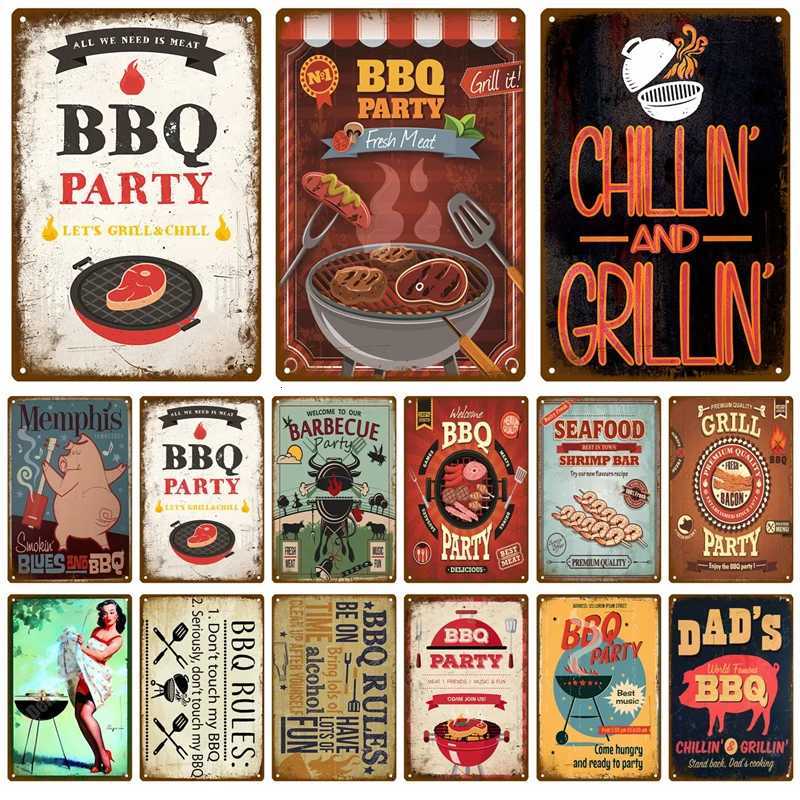 Metal Sign Plaque BBQ Party Time Grill Plate Retro Painting Iron Tin Sign Wall Art Picture For Garden Home Living Room Decor PubM251114