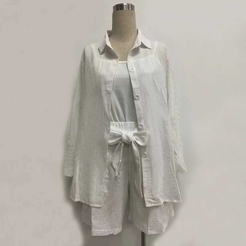 Womens five piece pants three piece set for summer 2025 new womens solid color casual three piece set top suspension shorts setXJ250414