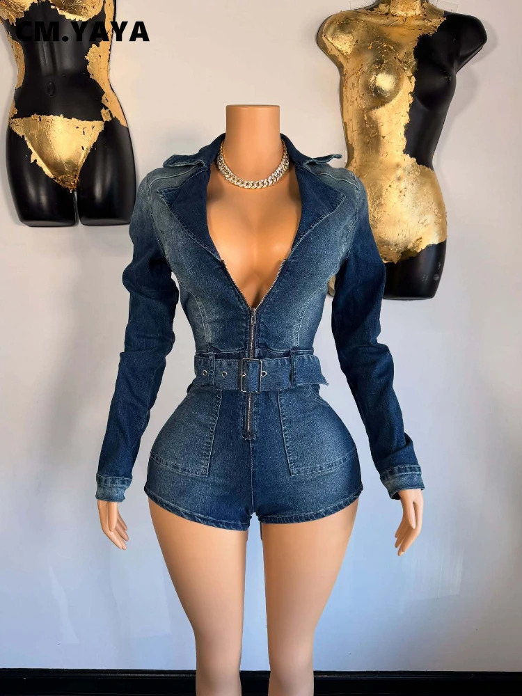 CMYAYA 2025 Womens Vneck Long sleeved Leather Strap Denim Short jumpsuit Summer Street Party Jeans 250411