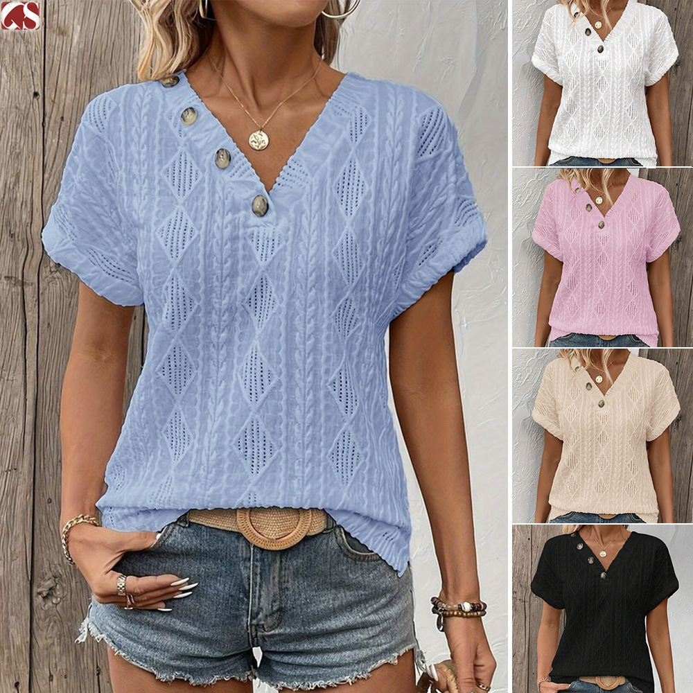2025 New Women's Spring/Summer Collection V-neck Button Hollow Loose Short Sleeve Top T-shirt
