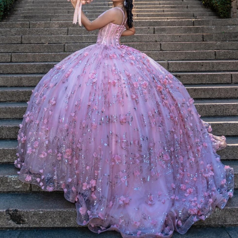 Pink Quinceanera Dresses Off Shoulder Ball Gown Sweet 16 Dress Spaghetti Strap Applique Flower Beads Tull Corset Birthday Party Vestidos 15