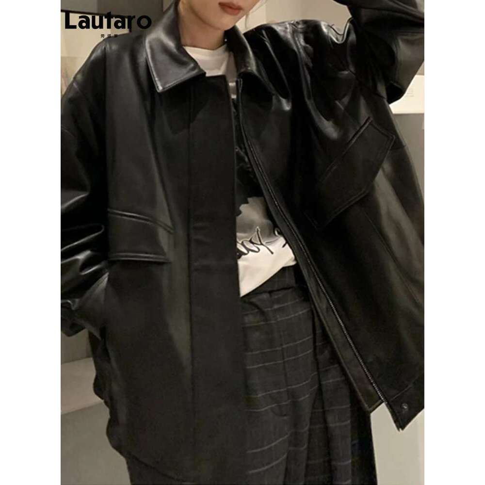 Designer Clothes Lautaro Spring Autumn Cool Retro Casual Oversized Black Waterproof Soft Faux Leather Jackets For Women Zipper Elastic Waist 2022