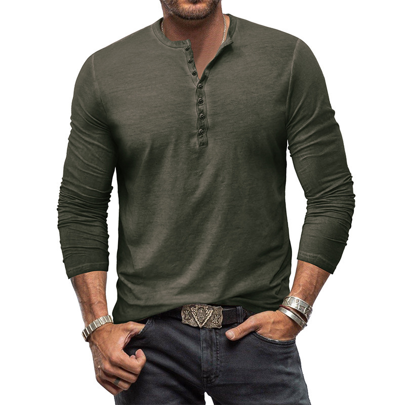 Mens antique henley shirt long sleeved T-shirt Mens button washed worn V-neck T-shirt shirt