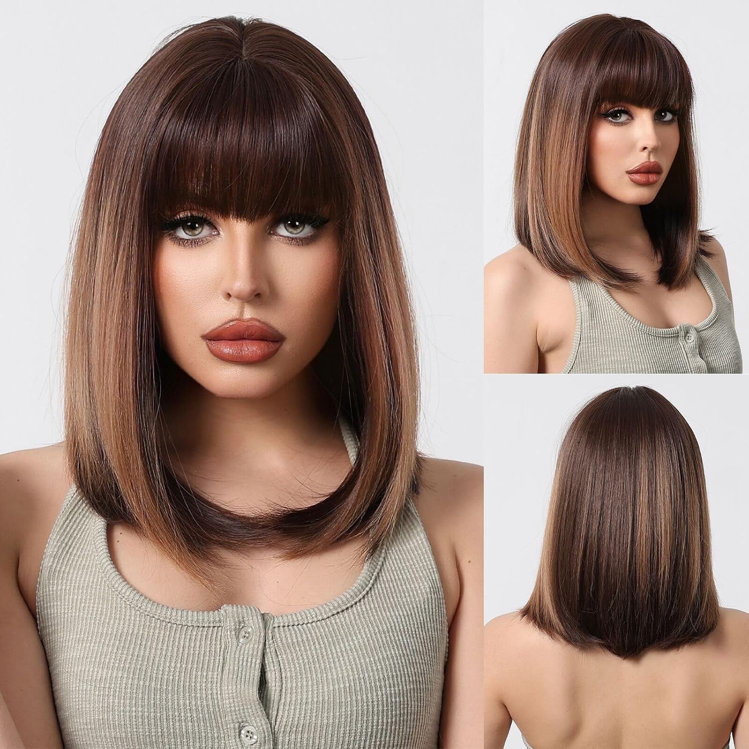 Blonde Highlights Bob Wigs for White Women Short Light Brown Wig Straight Lace Front Wig Natural Hairline Synthetic Heat Resistant Wig for Cosplay 12I