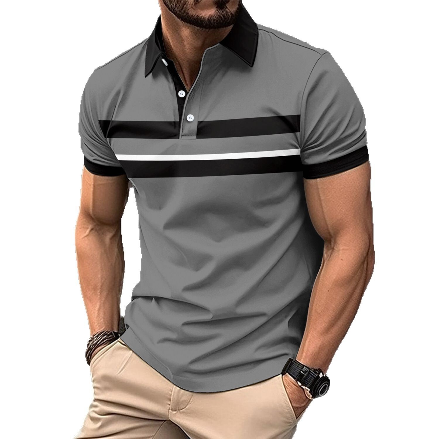 New polo shirt, short sleeved T-shirt, men's bird eye cloth, lapel button, digital printed versatile top