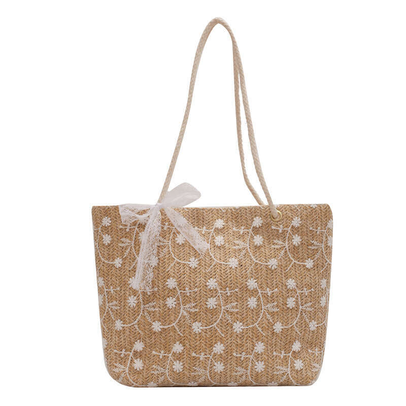 Handmade Beach Bag 2025 New Trendy Korean Edition Straw Weaving Lace Shoulder Handbag, Women's Large Capacity Bucket Bag Kq2