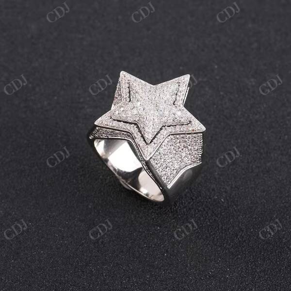 Latest Round Brilliant Cut Moissanite Diamond Sterling Silver Hip Hop Ice Out Customized Star Design Ring Manufacturing In India
